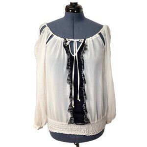 BABY PHAT Women's Sheer Chiffon Blouse Blouson Medium Ivory Chiffon Lace Cutouts